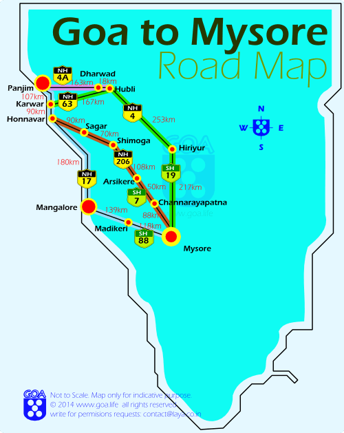 Goa to Mysore Road Map showing the distances and different route options.