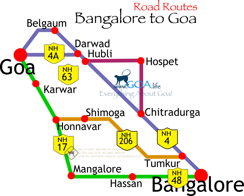Major road route options to drive from Bangalore to Goa.