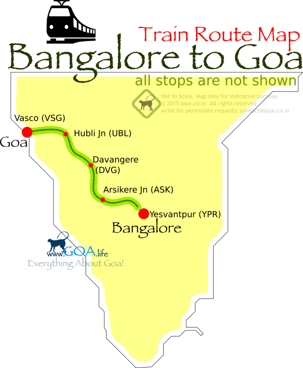 Bangalore to Goa Train route. Trains to Goa leaves from Yesvantpur and ends at Vasco da Gama station of Goa