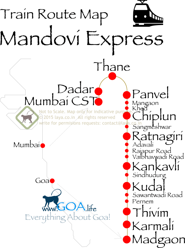 Mumbai CST (CSTM) - Dadar (DR) - Thane (TNA) - Panvel (PNVL) - Mangaon (MNI)- Khed (KHED)- Chiplun (CHI) -Sangmeshwar (SGR)- Ratnagiri (RN)- Adavali (ADVI)- Rajapur Road (RAJP)- Vaibhavwadi Road (VBW)- Kankavali (KKW)-Sindhudurg (SNDD)- Kudal (KUDL)- Sawantwadi Road (SWV)- Pernem (PERN)- Tivim (THVM)- Karmali(KRMI)-Madgaon(MAO)