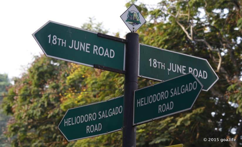 Road Sign in Panaji. Intersection of the busy 18th June Road and the Heliodoro Salgado Road in Panaji, Goa.