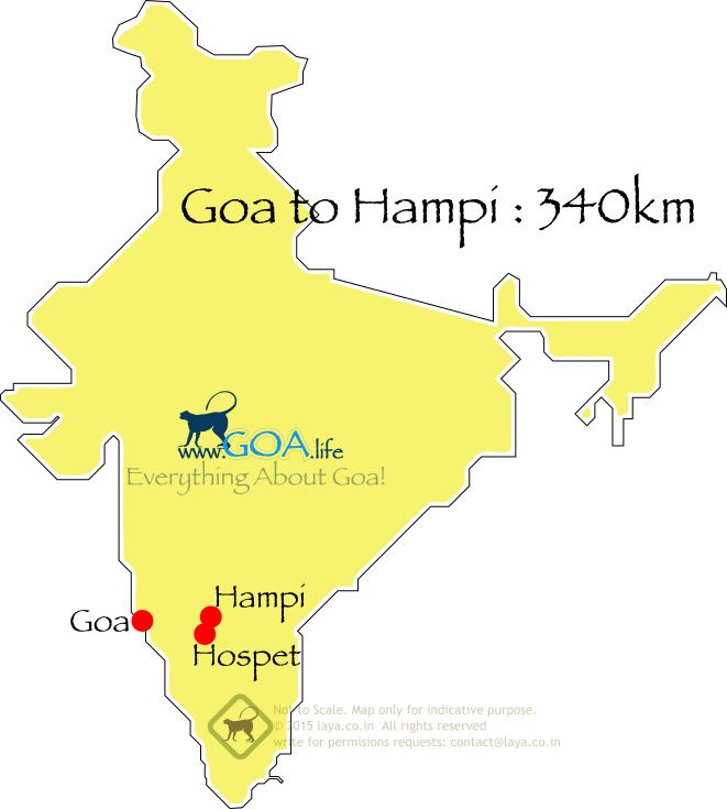 Hampi is located about 340km east of Goa coast.