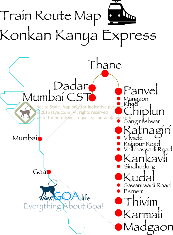 Mumbai CST (CSTM) - Dadar (DR) - Thane (TNA) - Panvel (PNVL) - Mangaon (MNI)- Khed (KHED)- Chiplun (CHI) -Sangmeshwar (SGR)- Ratnagiri (RN)- Vilavade (VID)- Rajapur Road (RAJP)- Vaibhavwadi Road (VBW)- Kankavali (KKW)-Sindhudurg (SNDD)- Kudal (KUDL)- Sawantwadi Road (SWV)- Pernem (PERN)- Tivim (THVM)- Karmali(KRMI)-Madgaon(MAO)