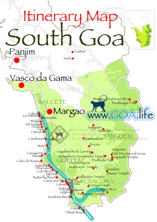 South Goa map in detail with itinerary path to cover the beaches south of Margao. Colva Beach to Polem Beach distance is about 65km, if you follow the NH17 highway. And it would be about a 100km+ distance drive if you include many of the short detours on in this itinerary. Follow this path to plan your day's itinerary, keeping Margao as the start/end point and cover attractions south of Margao, along the coastline. 